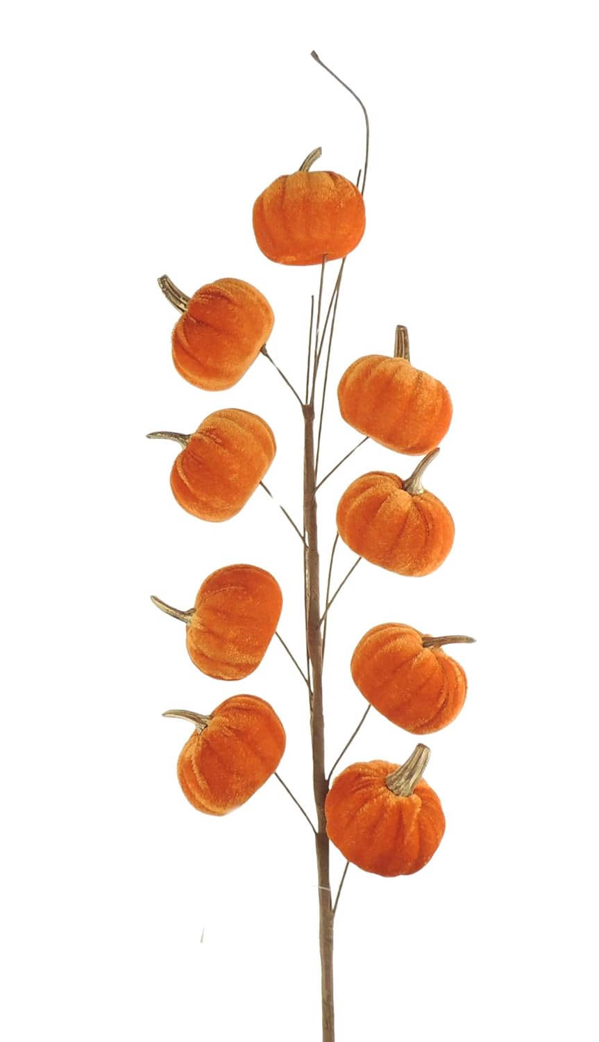 CRESSIDA Autumn Fall Velvet Pumpkin Spray Stem 66cm with 9 Pumpkins
