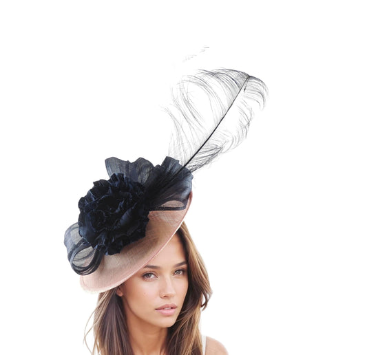 Baby Pink Navy Blue Saucer Disc Kentucky Derby Fascinator Hat Ascot Wedding Hatinator Cocktail Formal Womens Races Tea Party Light Pale Dark