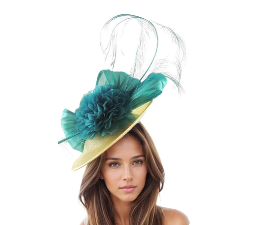 Yellow & Jade Green Saucer Disc Kentucky Derby Fascinator Hat Ascot Wedding Hatinator Cocktail Colorful Womens Races Tea Party Lemon Kelly