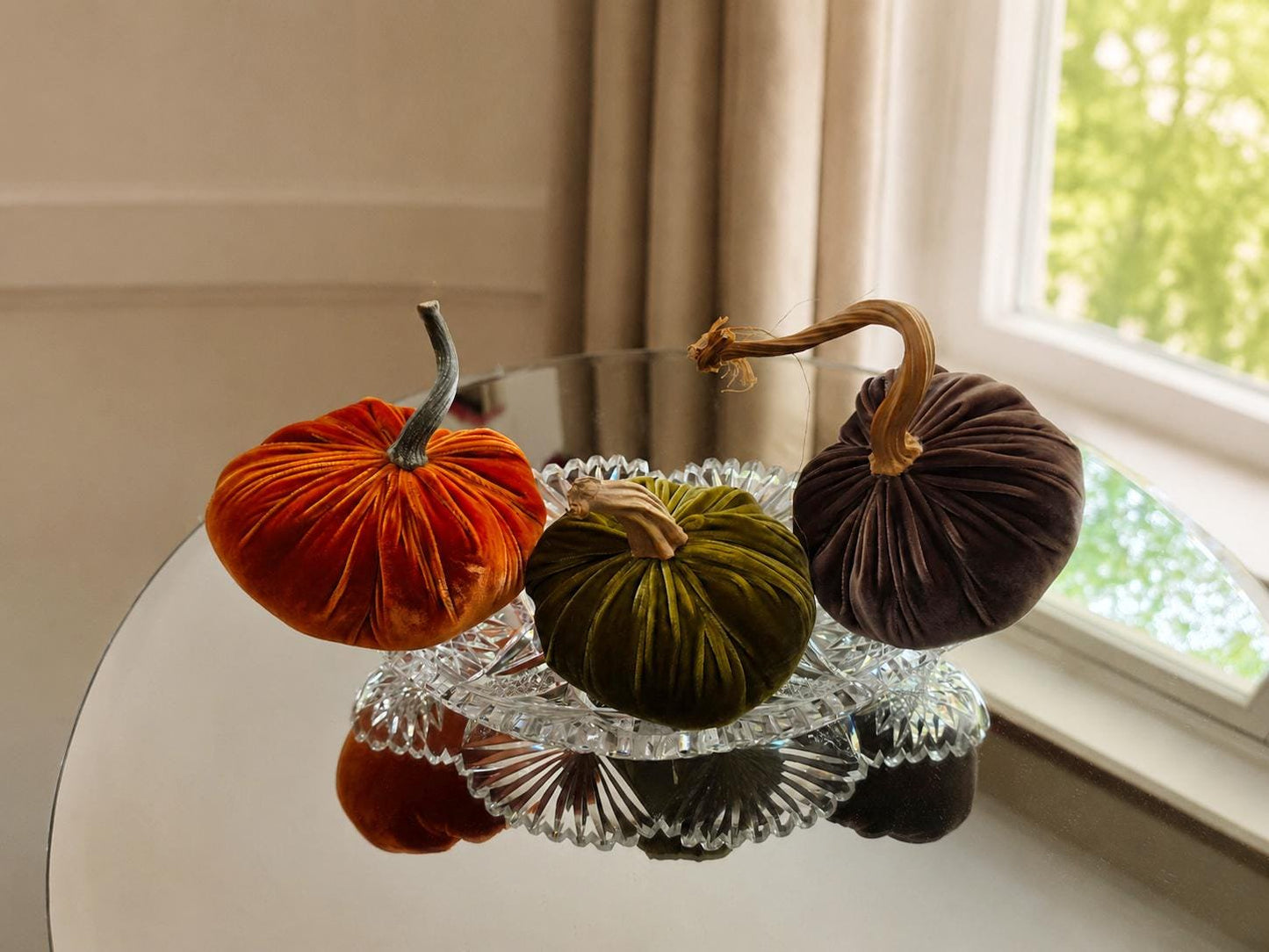 SET 3 X-SMALL Orange Green Brown Silk Velvet Pumpkins, Cozy Home Decor, Fall Wedding, Thanksgiving, Seasonal Modern Decor,Best Selling Item