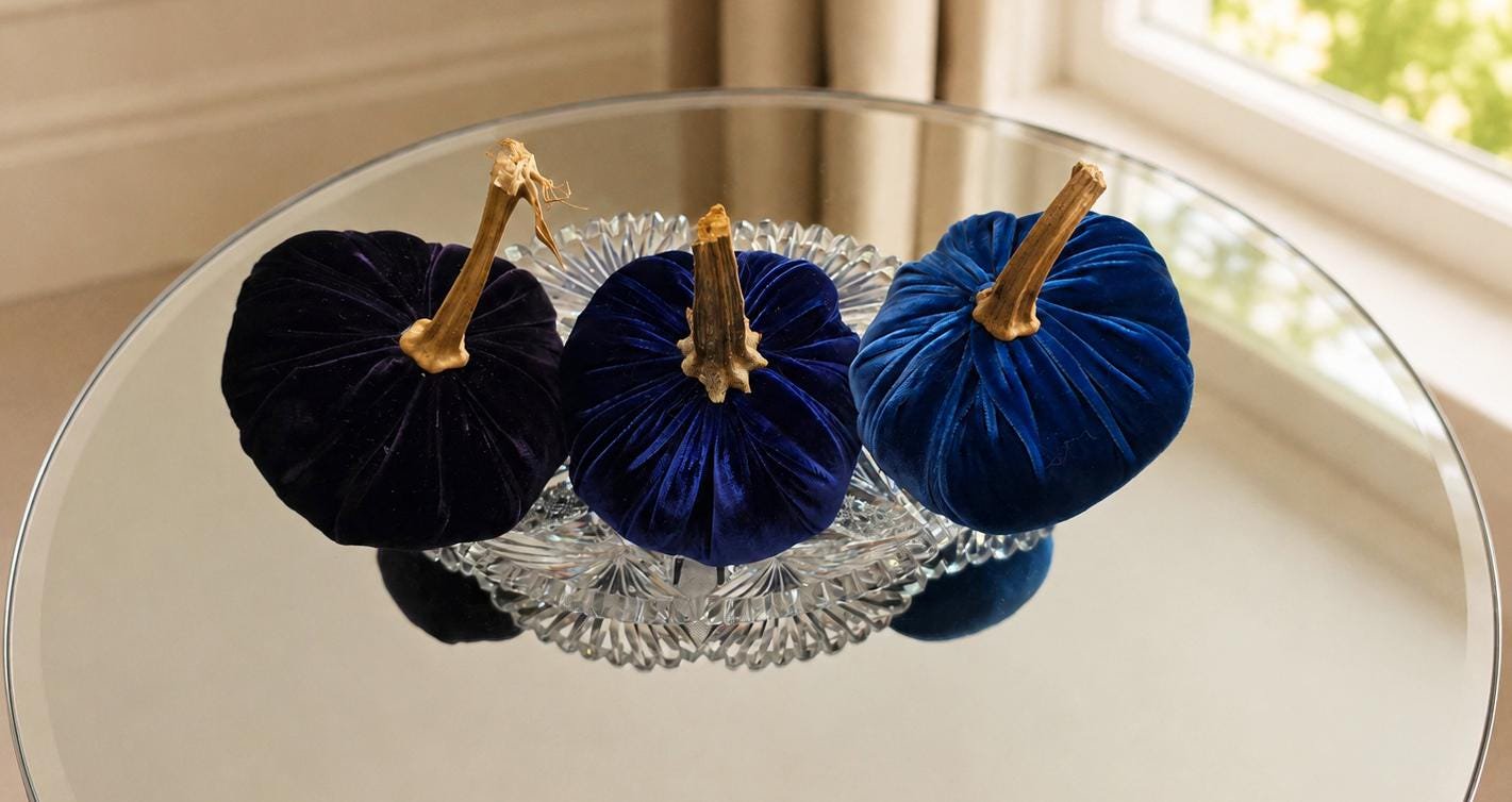 SET 3 X-SMALL Dark Purple Blue Navy Silk Velvet Pumpkins, Fall Table Decor Autumn Decorations, Handmade Fall Centerpiece