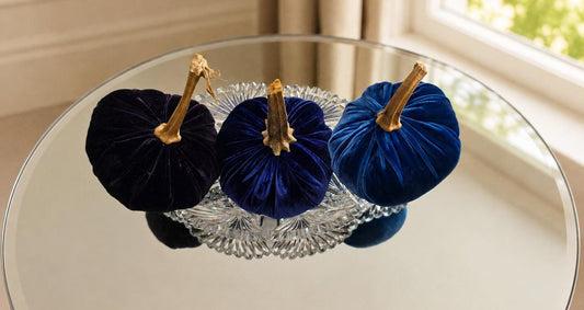 SET 3 X-SMALL Dark Purple Blue Navy Silk Velvet Pumpkins, Fall Table Decor Autumn Decorations, Handmade Fall Centerpiece