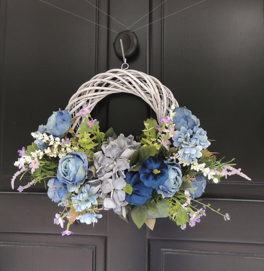 Blue Hydrangea Wreath, Front Door Wreaths, Blue Floral Wreath, Spring Summer Wreath, Grapevine Wreath, Cottage Door Decor, Gift for Her