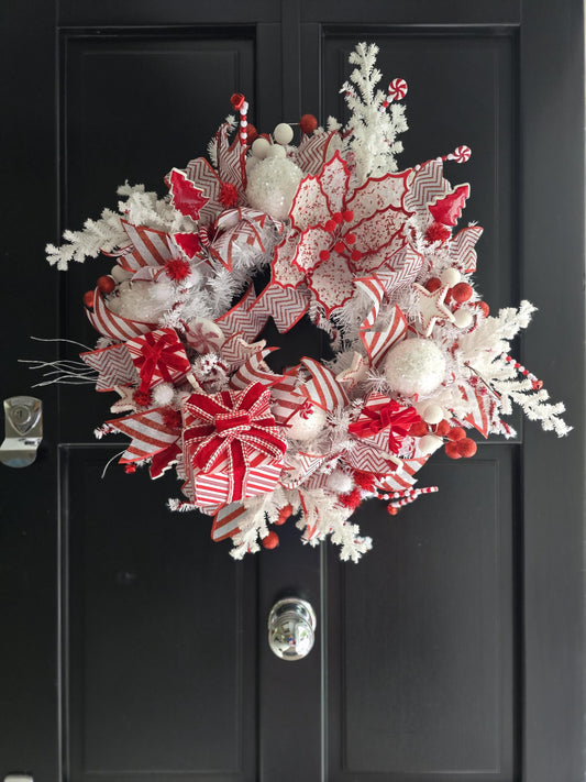Luxury XL Candy Cane Red White Candy Gift Christmas Wreath Front Door Elegant Home Decorations Xmas Mantle Decor Holiday Wreath Advent Swag
