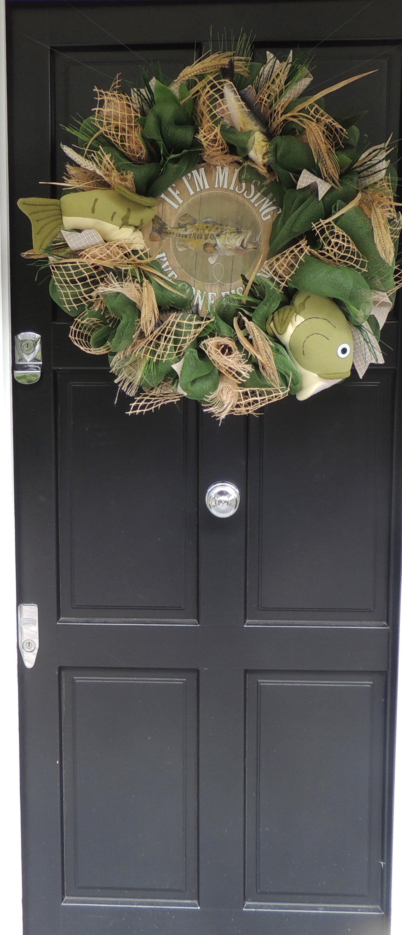 27" Oversized XL Green Fishing Wreath,Cabin Front Door Swag,Rustic Country Home Decor,Lake Beach House Decoration,Natural House Warming gift