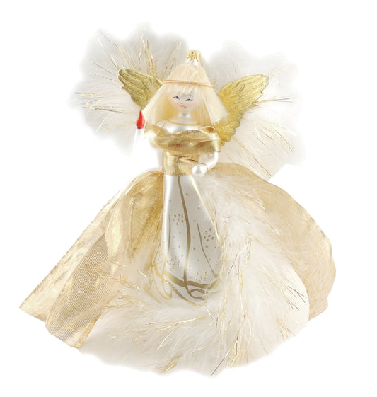 Stunning Italian Luxury Hand Blown Glass Traditional Keepsake Decoration Decorative Christmas Tree Ornament Bauble Winter Novelty Stuff Garland Present Figurine Gold Feather Candle Angel