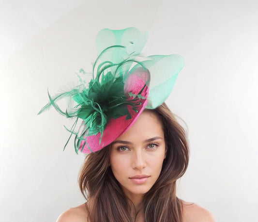 Kentucky Derby Fascinator Hat Fuchsia Emerald Kelly Green Flower Feather Ascot Wedding Cocktail Tea Party Races Ladies Day Woman Headwear