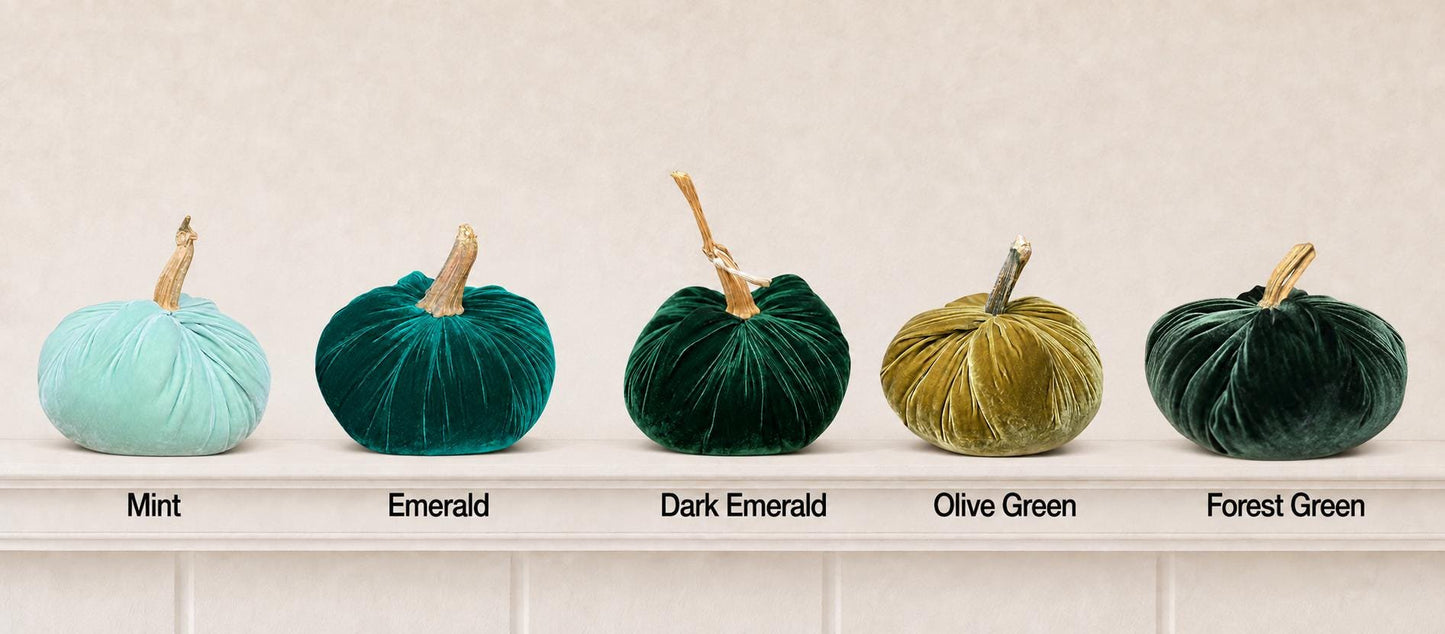 Set of 3 MINI Dark Harvest Greens Olive Emerald Silk Velvet Pumpkins, Autumn Table Decor, Cozy Home Styling, Thanksgiving, Best Selling Item