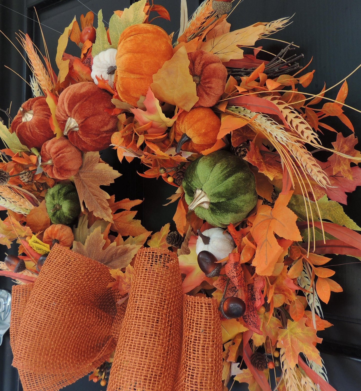 Large Velvet Pumpkin Autumn Wreath, Rustic Harvest Front Door Decor, Burnt Orange Fall Decoration, Thanksgiving Decorating