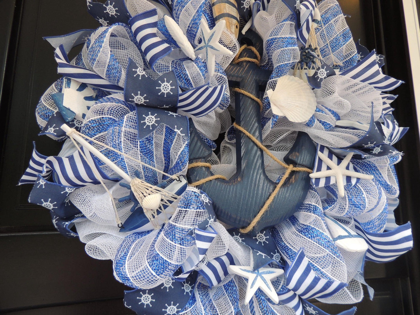 20" Nautical Wreath, Coastal Beach House Wreath, Blue White Anchor Door Decor, Seaside Lake House Decor, Sailboat Ocean Wreath