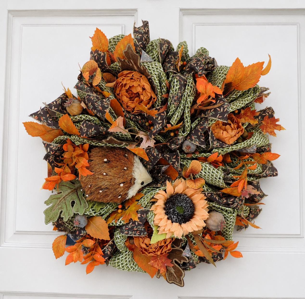20" Large Autumn Hedgehog Wreath, Fall Woodland Front Door Wreath, 50cm Sunflower Harvest Decor, Rustic Autumn Porch Decoration