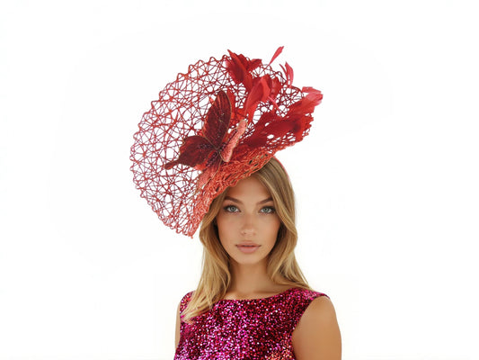 Kentucky Derby Hat Ascot Fascinator Dark Colorful Red Feather Butterfly Lunch Tea Party Statement Large Colorful Race Day Cocktail Wedding