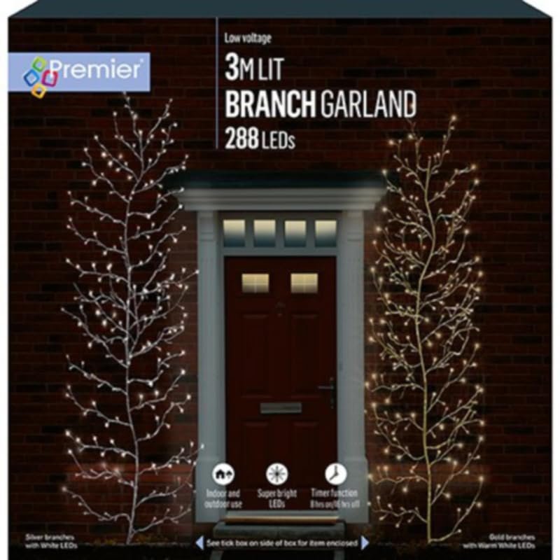 Premier Festive Christmas String Lights 3m Outdoor and Indoor Silver Lit Branch Twig Door Wall Garland, 288 Ice White LEDs Decor Decorations