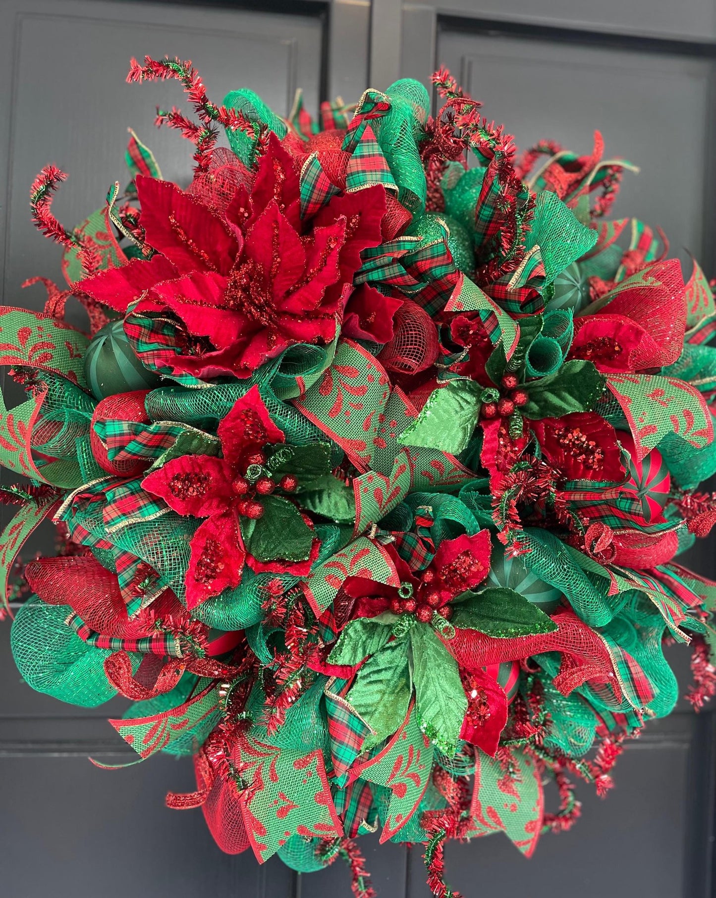 Traditional Red and Green Christmas Wreath Front Door,Classic Holiday Door Decor,Festive Handmade Winter Wreath,Velvet Poinsettia Wreath