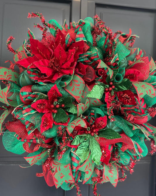 Traditional Red and Green Christmas Wreath Front Door,Classic Holiday Door Decor,Festive Handmade Winter Wreath,Velvet Poinsettia Wreath