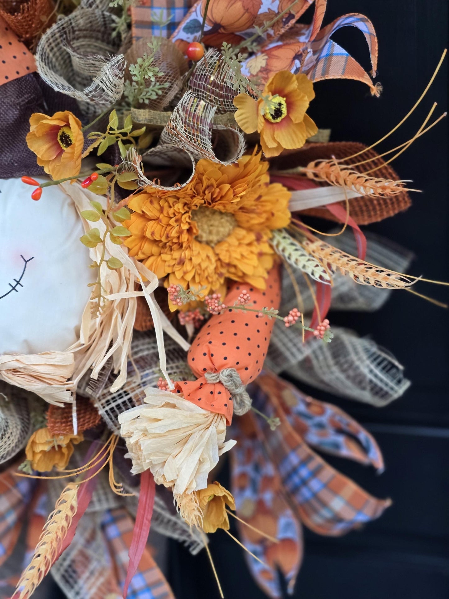 Large Autumn Fall Orange Scarecrow Harvest Front Door Wreath Luxury Rustic Wall Porch Hanger House Home Decor Decorations Thanksgiving Boho