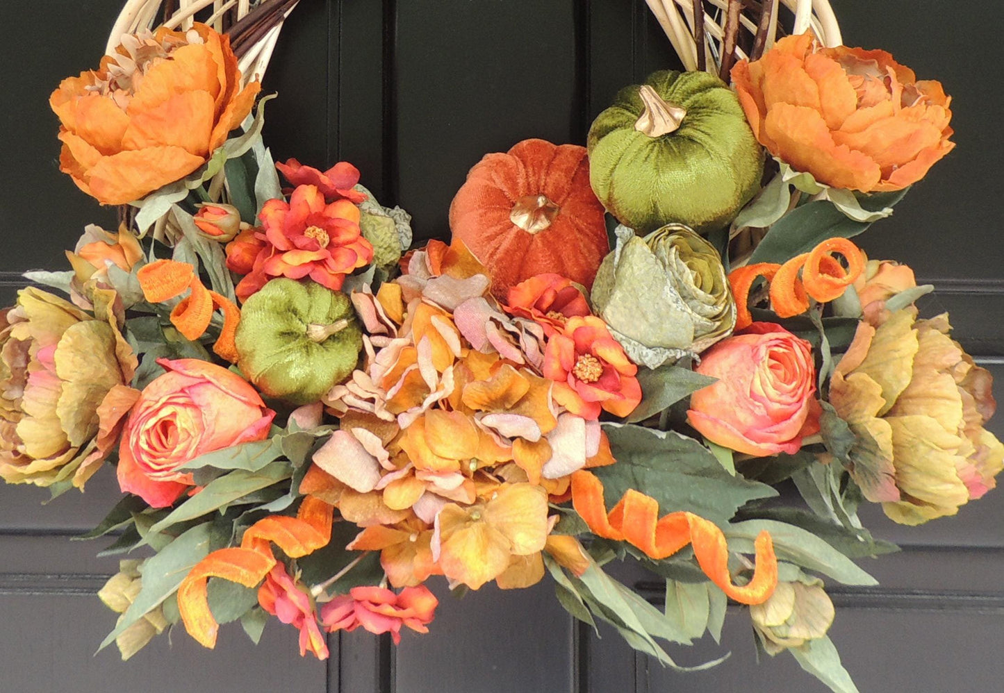 Orange Autumn Pumpkin Door Wreath, Green Fall Swag, Luxury Autumn Front Door Decor,Thanksgiving Wreath, Glam Fall Door Hanger,Harvest Wreath