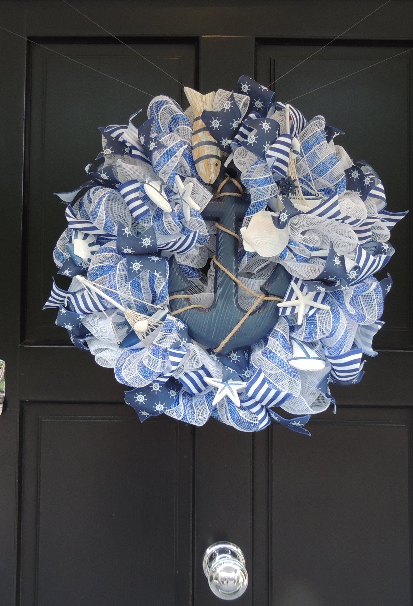 20" Nautical Wreath, Coastal Beach House Wreath, Blue White Anchor Door Decor, Seaside Lake House Decor, Sailboat Ocean Wreath