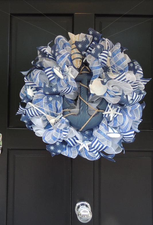 20" Nautical Wreath, Coastal Beach House Wreath, Blue White Anchor Door Decor, Seaside Lake House Decor, Sailboat Ocean Wreath