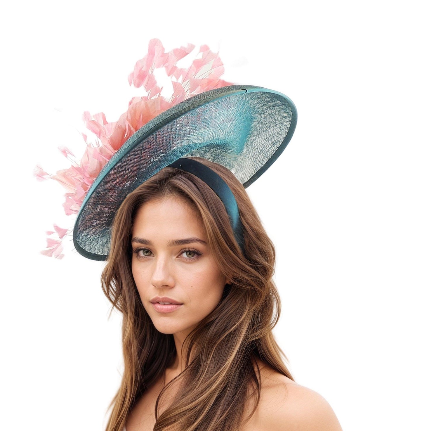 Teal Green Candy Pink Flower Kentucky Derby Fascinator Hat Ascot Cocktail Tea Party Garden Wedding Formal Occasion Lunch Fancy Baby Light