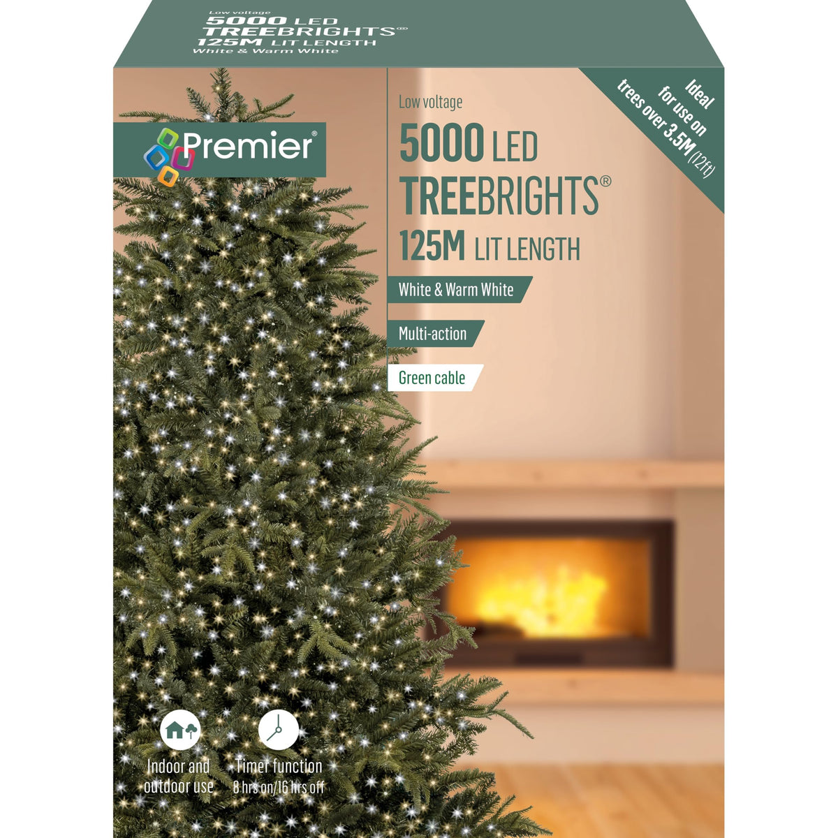 Premier TreeBrights Mains Operated 5000 LED Lights White/Warm White, Multi-Action with Timer Function, Indoor/Outdoor Use, Use on Trees Over 12ft