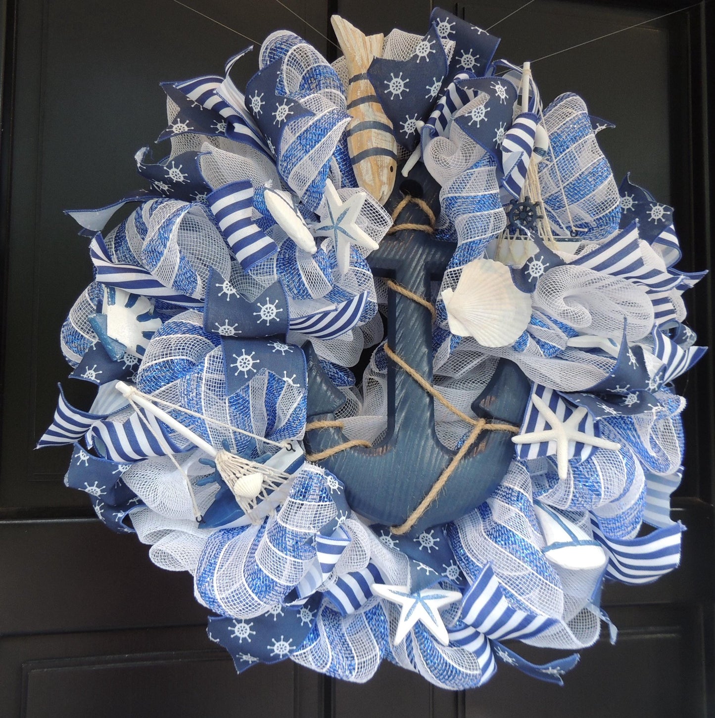20" Nautical Wreath, Coastal Beach House Wreath, Blue White Anchor Door Decor, Seaside Lake House Decor, Sailboat Ocean Wreath