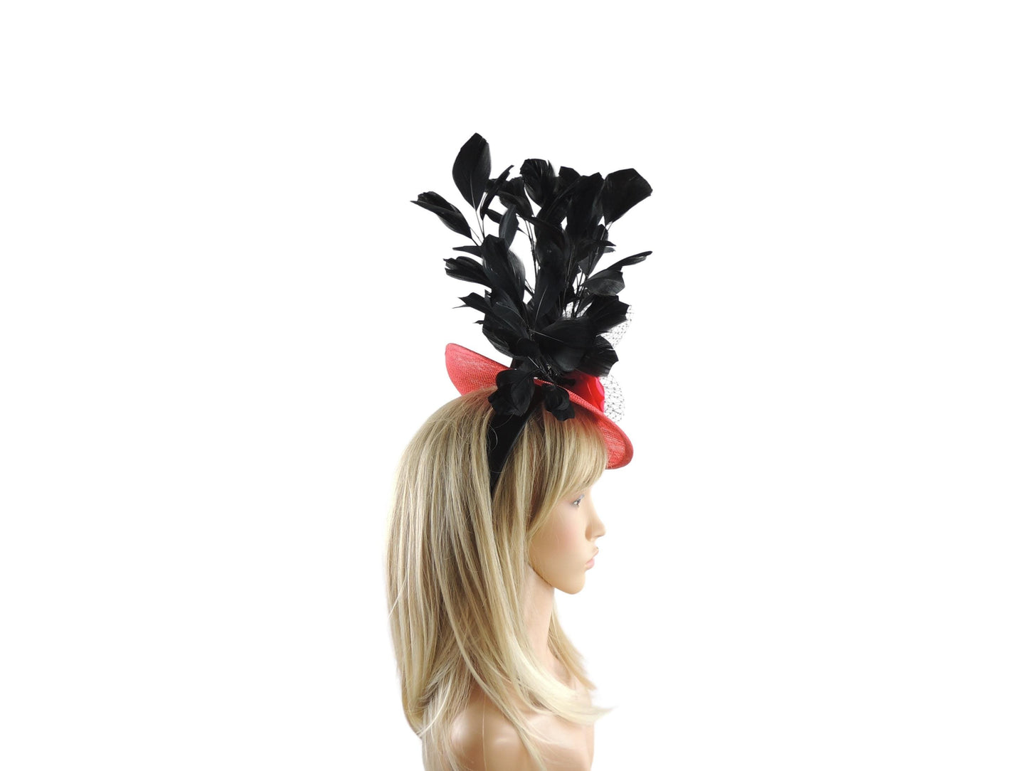 Red Black Kentucky Derby Fascinator Hatinor Hat Ascot Tea Party Lunch Garden Cocktail Event Designer Original Custom Wedding Statement
