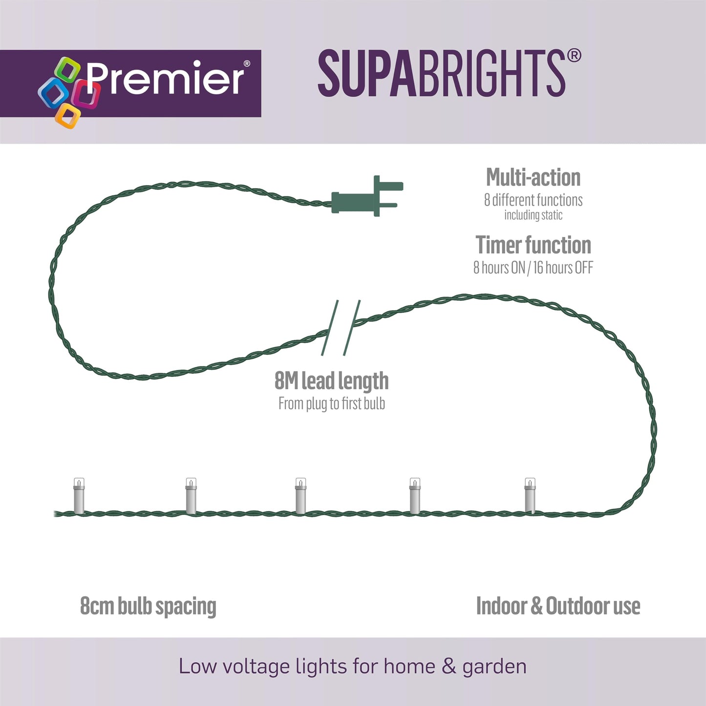 Premier Indoor Outdoor LED Halloween Lights Green 200 Supabrights 16 Metres Multi Action with Timer Halloween Decoration Scary