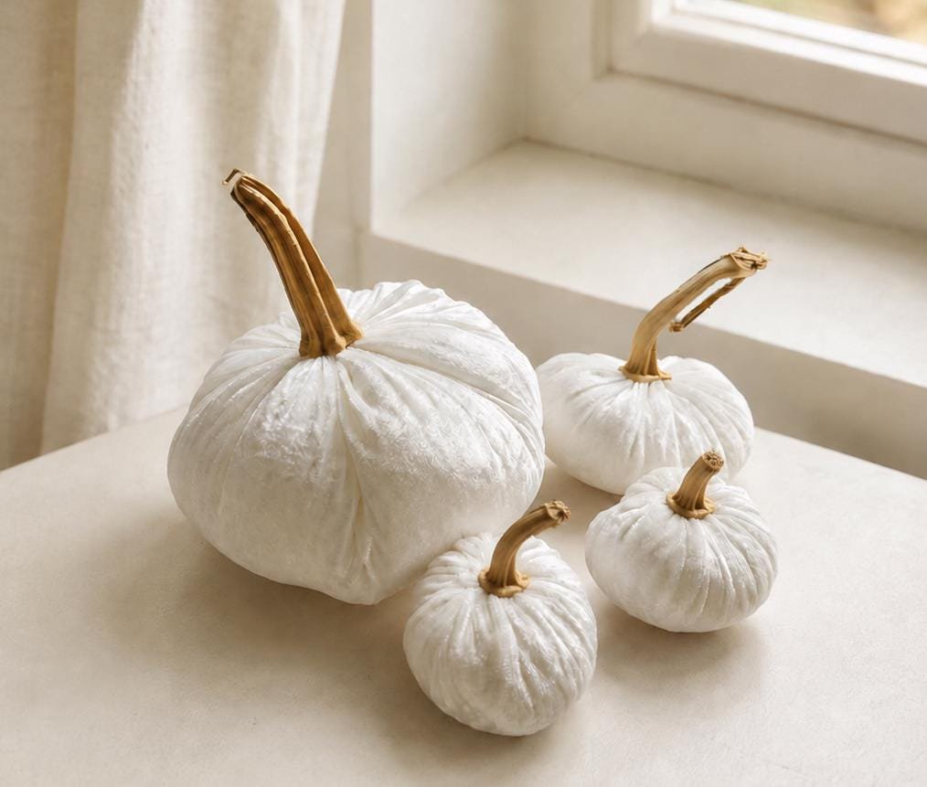 White Velvet Pumpkins Set of 4, Autumn Wedding Centrepiece, Bridal Shower Table Decorations