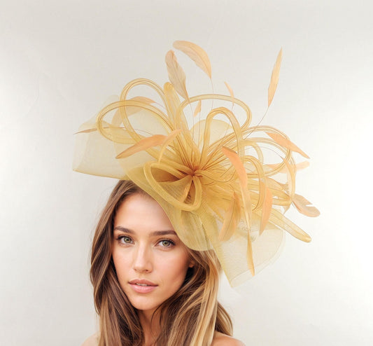 Gold Beige Statement Fascinator Hat Ascot Wedding Hatinator Womens KY Derby Ladies Day Formal Occasion Headpiece High Tea Party SALE