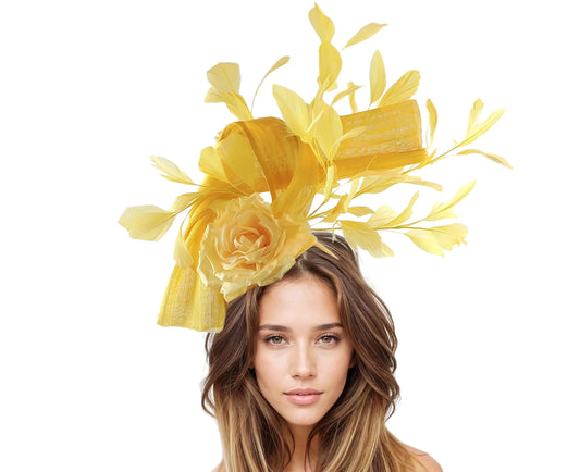Lemon Yellow Womens Large Kentucky Ascot Derby KY Woman Fascinator Hat Garden Tea Party Wedding Headband Cocktail Statement Formal Hat Chuch