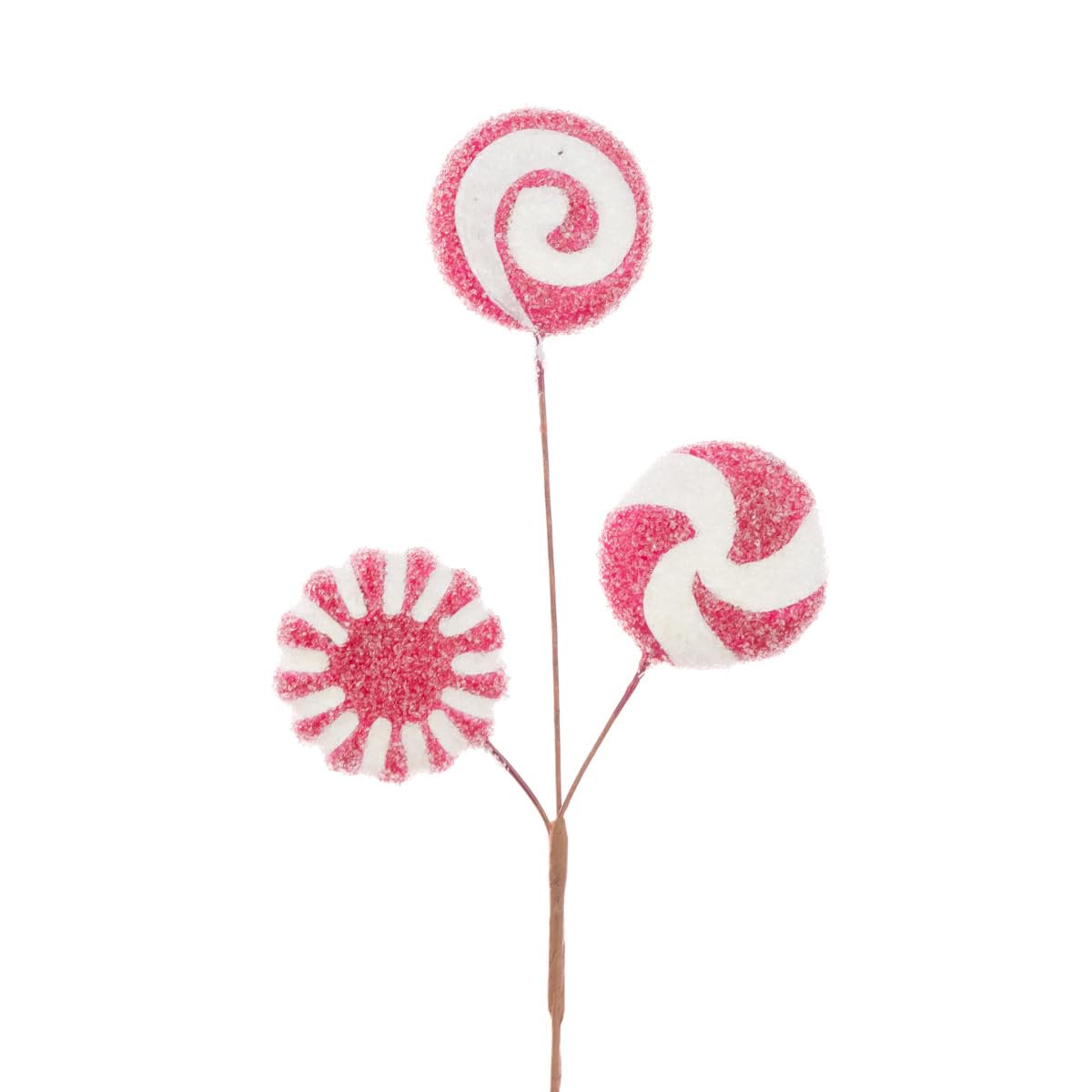Frosted Peppermint Candy Christmas Tree Pick Decoration - Red & White Candy Cane Theme Christmas Floral Stem Decor with 3 Swirl Lollipops