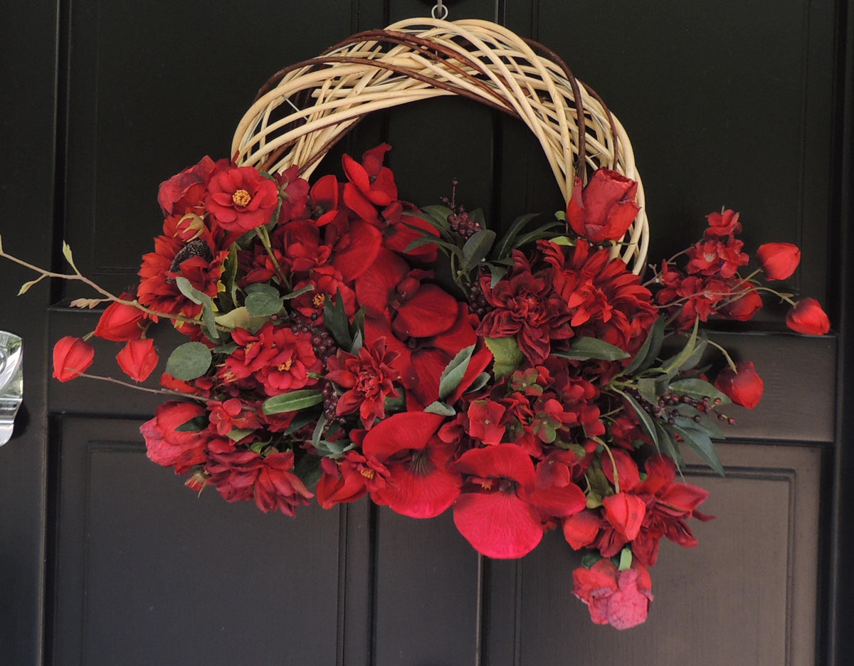 Red Floral Wreath 45cm | Rose & Hydrangea Year Round Front Door Wreath