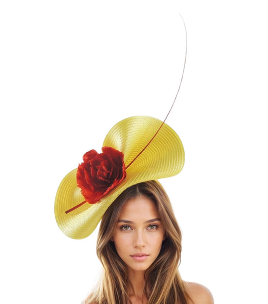 Lemon Yellow Red Statement Kentucky Derby Ascot Fascinator Hat Feather Headband Tea Party Cocktail Race Day Church Polo Wedding Guest Flower