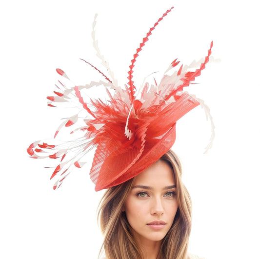 Red White Feather Kentucky Derby Fascinator Hat Wedding Fascinators Cocktail Garden Tea Party Ascot Formal Occasion Race Day Woman Occasion