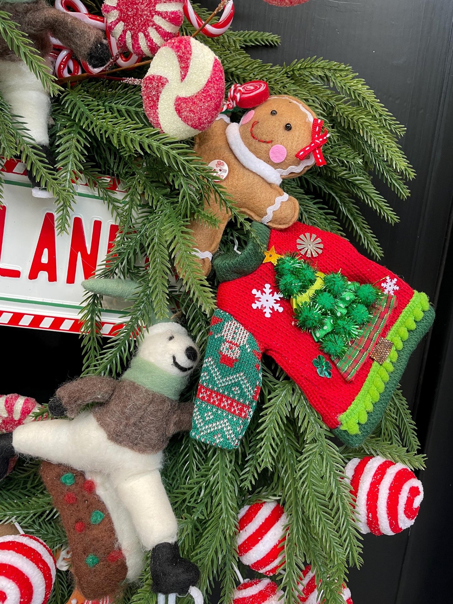 Christmas Wreath, Candy Cane Lane Wreath, Gingerbread Christmas Decor, Norfolk Pine Front Door Wreath, Whimsical Holiday Decor, 60cm