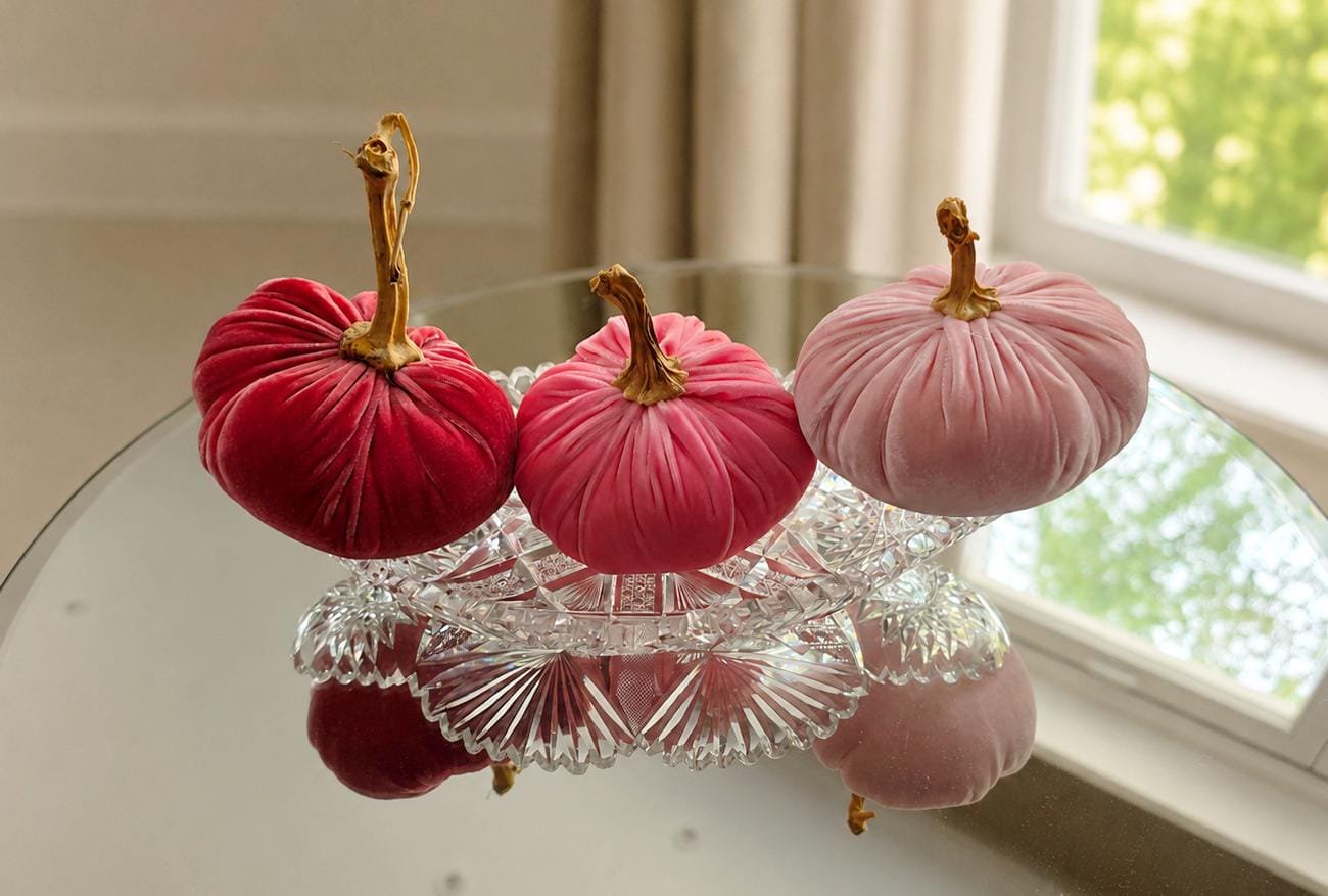 SET 3 X-SMALL Candy Pale Blush Fuchsia Pink Silk Velvet Pumpkins, Cozy Home Decor, Luxury Seasonal Autumn Decorations