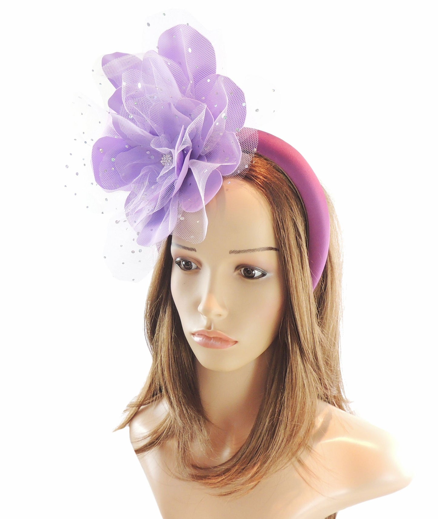 Lilac Lavender Plum Satin Padded Headband Fascinator Wide Puffy Crown Alice Band Derby Rose Flower Ascot Weddings Party Headpiece Church