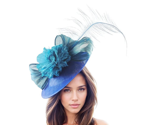 Royal Blue Dark Turquoise Fascinator Hat Kentucky Derby Ascot Wedding Guest Race Day High Tea Society Lunch Custom Designer Hatinator Saucer