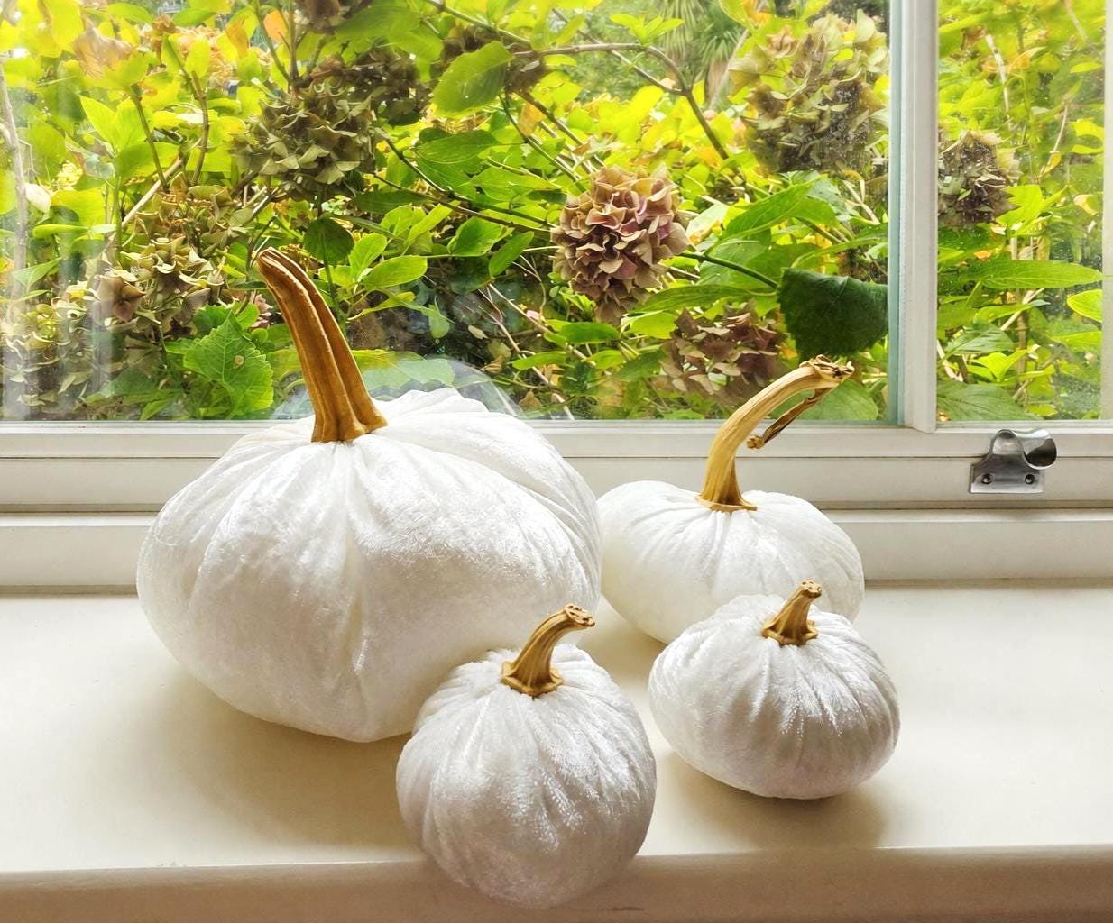 White Velvet Pumpkin Set of 4, Wedding Table Centrepiece, Bridal Shower Autumn Decor