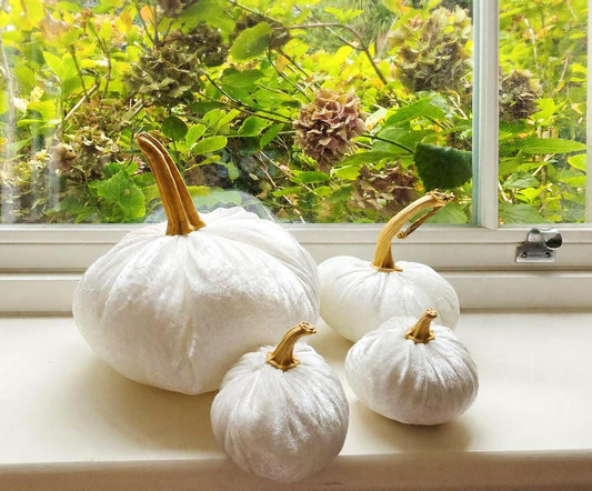 White Velvet Pumpkin Set of 4, Wedding Table Centrepiece, Bridal Shower Autumn Decor