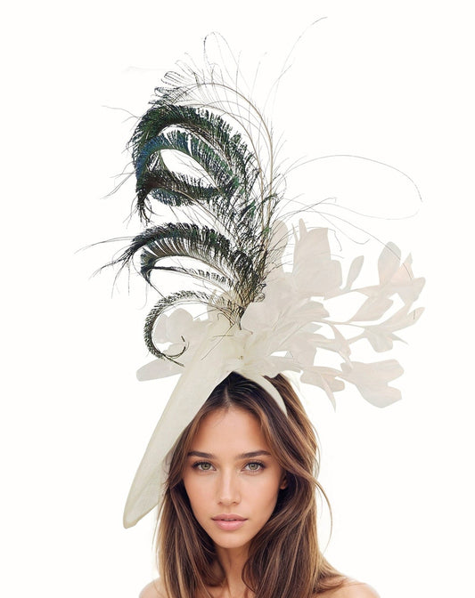 White Peacock Feather Statement Fascinator Hatinator Hat Kentucky Derby Oaks Woman Ascot Weddings Garden Cocktail Tea Headpiece Church Lunch
