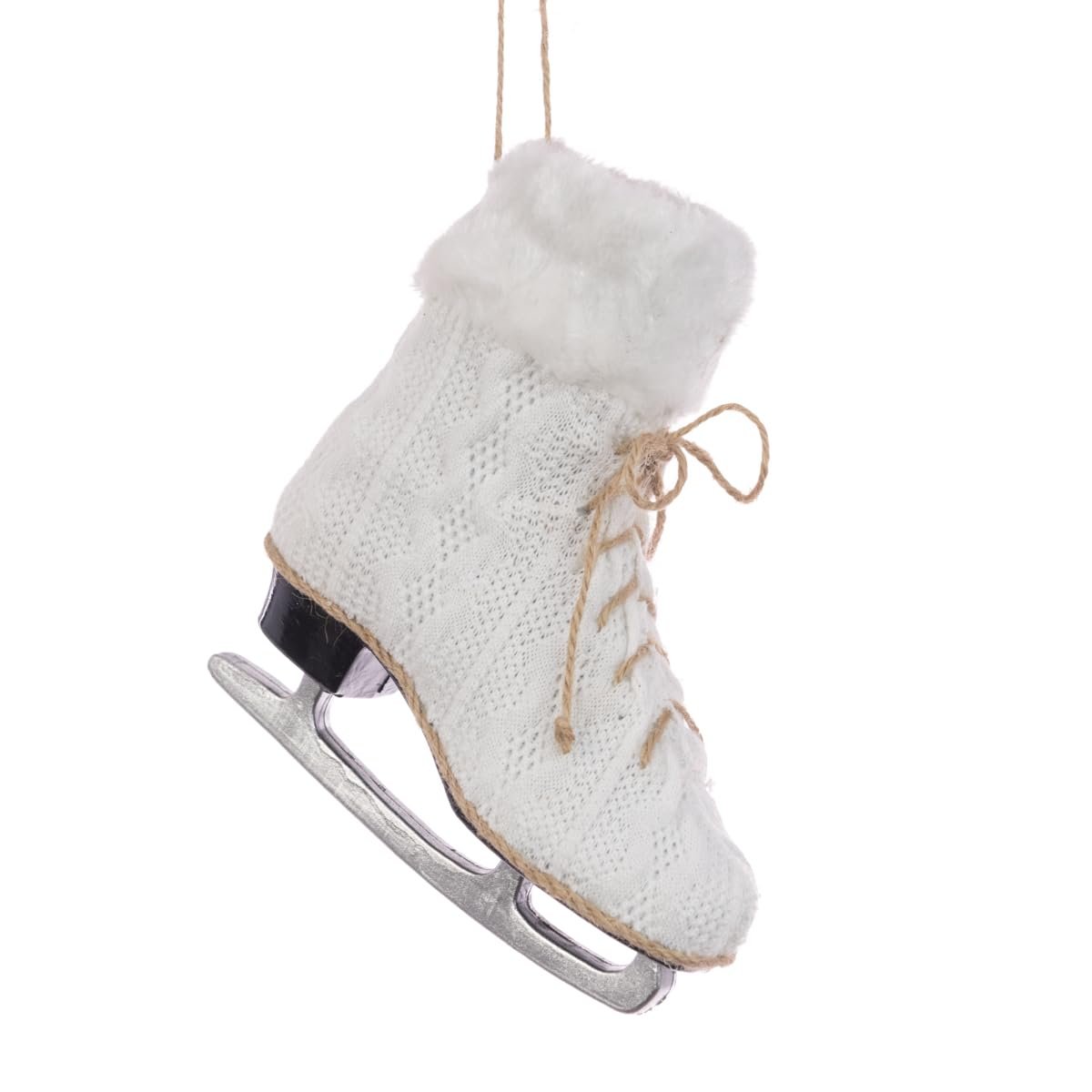 XL 16cm White Knitted Knit Natural Fluffy Faux Fur Hanging Christmas Tree Decoration Ornament Traditional Holiday Decor Theme Gift Ice Skating Skate