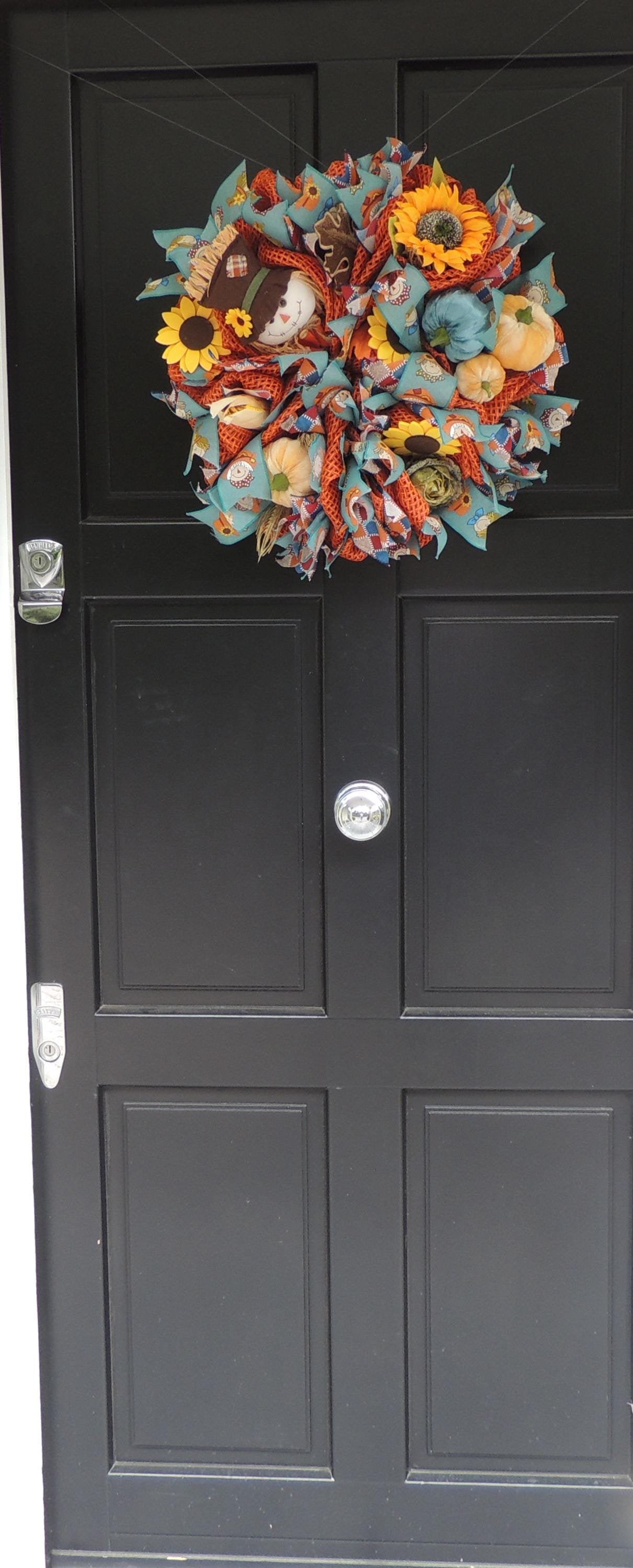 Scarecrow Rustic Fall Wreath Front Door,Pumpkin Handmade Harvest Door Decor,Country Autumn Wreath, Seasonal Decoration Teal Yellow Orange