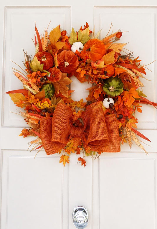 Large Velvet Pumpkin Autumn Wreath 50cm | Rustic Fall Harvest Front Door Wreath