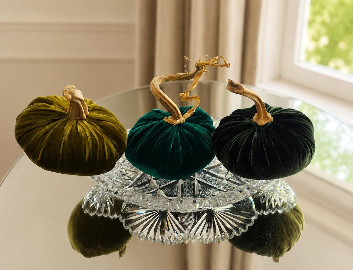 SET 3 X-SMALL Harvest Tonal Green Silk Velvet Pumpkins, Cozy Home Decor, Fall Wedding, Thanksgiving, Autumn Modern Decor
