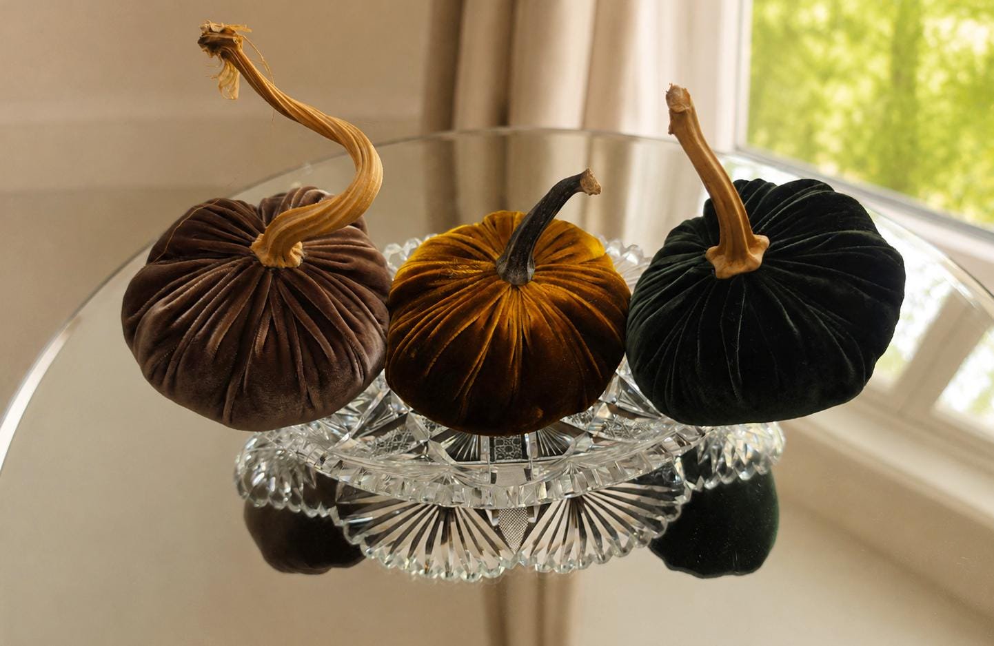 SET 3 X-SMALL Brown Green Fall Silk Velvet Pumpkins, Autumn Decor, Autumn Wedding Decorations, Thanksgiving, Modern House Decor