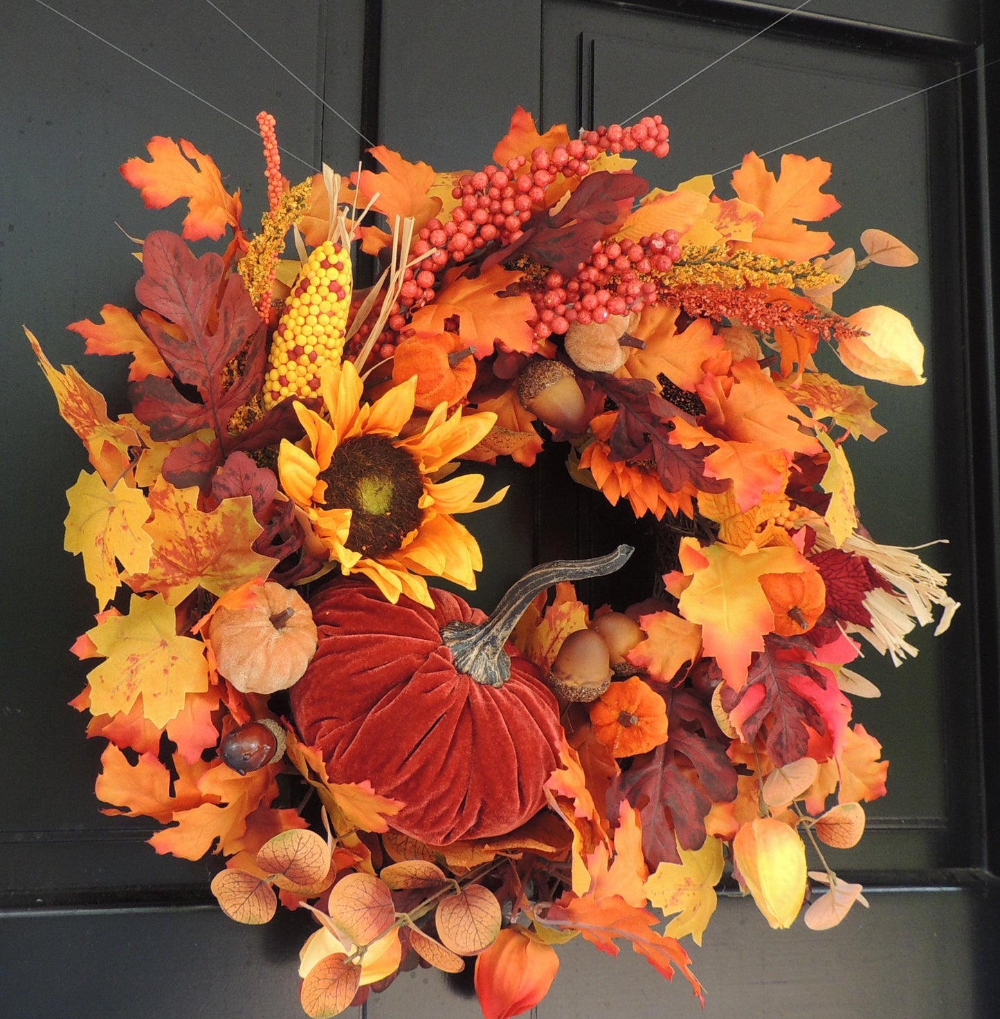 20" Large Velvet Pumpkin Wreath, Autumn Fall Front Door Wreath, Sunflower Harvest Decor, Rustic Thanksgiving Farmhouse Wreath