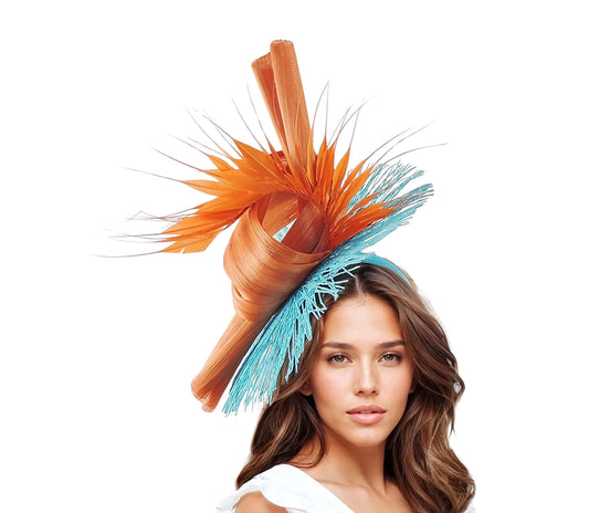 Turquoise Blue Orange Saucer Fascinator Hat Kentucky Derby Ascot Wedding Guest Formal Occasion Tea Colorful Party Garden Mother Bride Groom
