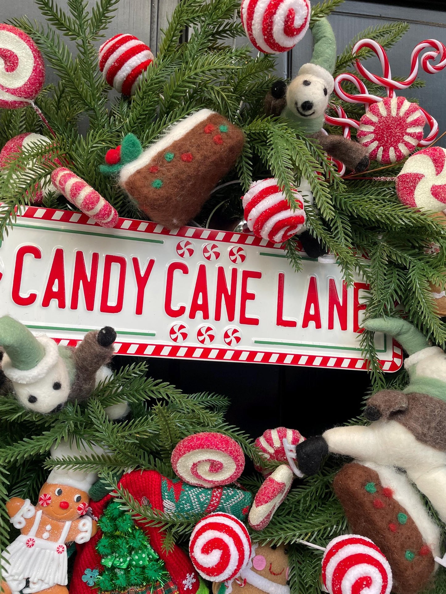 Christmas Wreath, Candy Cane Lane Wreath, Gingerbread Christmas Decor, Norfolk Pine Front Door Wreath, Whimsical Holiday Decor, 60cm